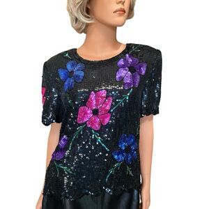 Vintage Sequin Top Silk Floral Royal Feelings black pink purple blue Size S